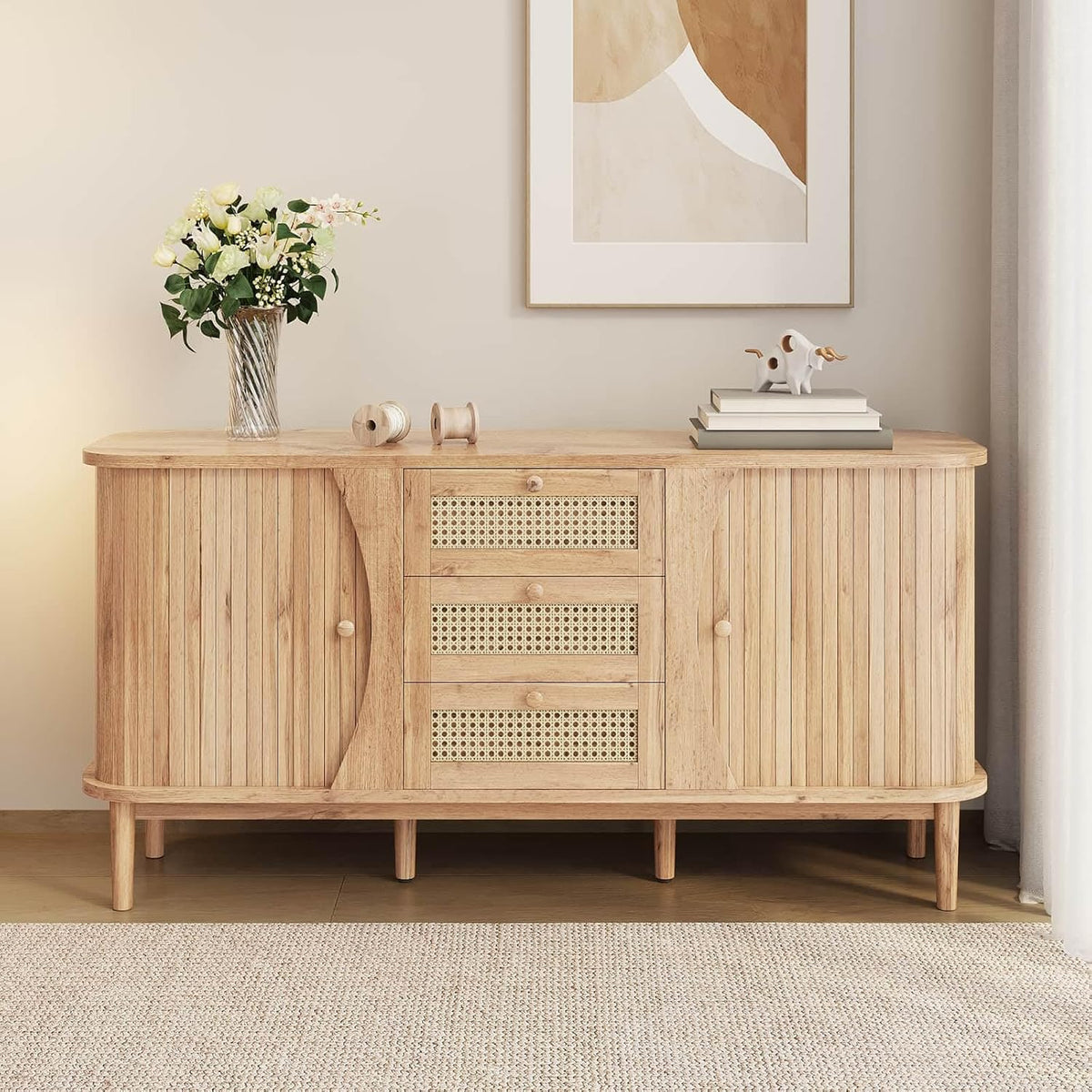 étagère, 140,5cm, réglable, avec tiroirs, pour le salon, HUIVEYA, Meuble de Rangement 140, Sideboard multifonctionnelle pour Salle à Manger