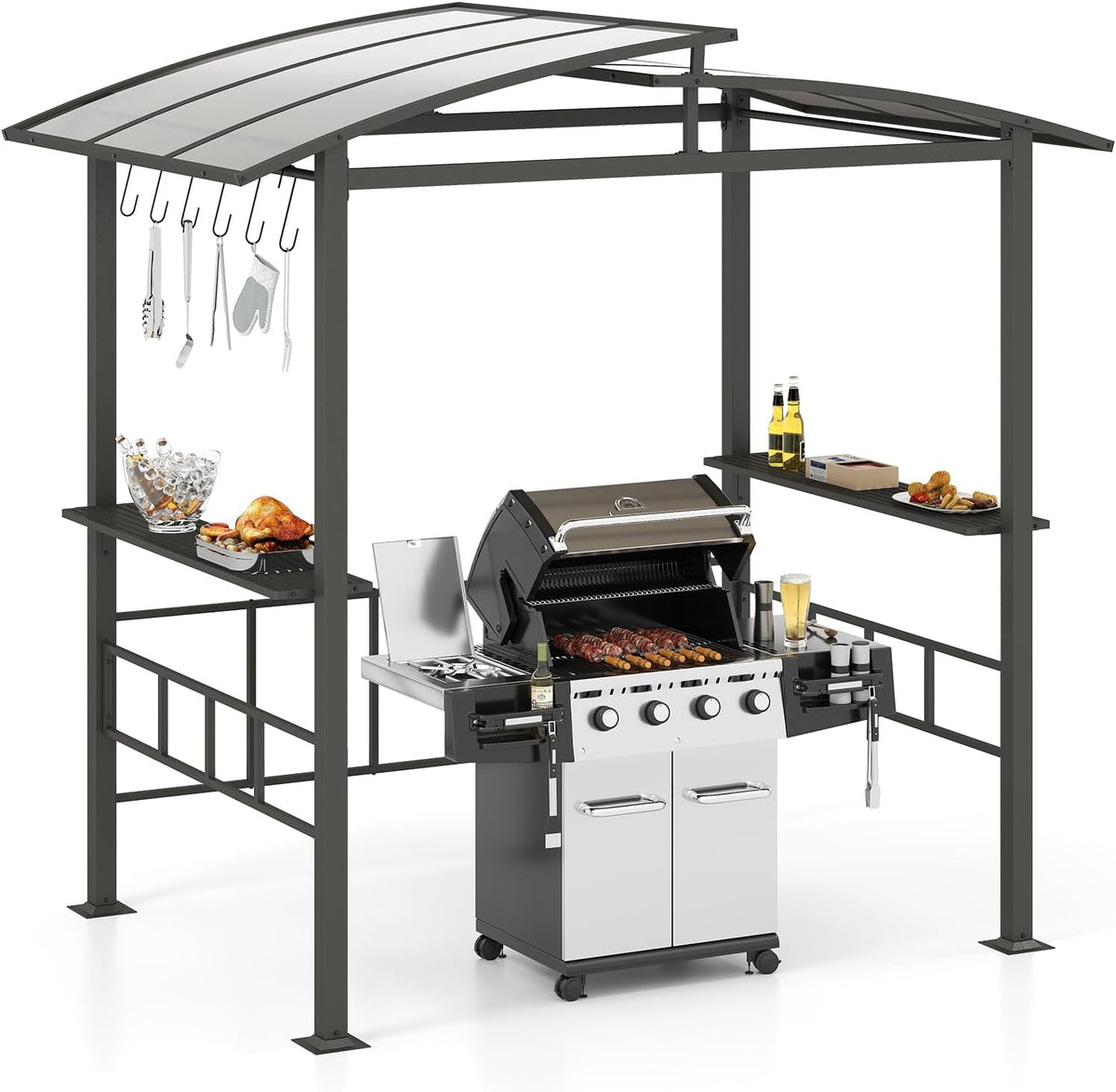 COSTWAY étagère, 248 × 150 × 232 cm, métal, pour le jardin, pour la terrasse, COSTWAY Tonnelle de Barbecue Exterieur avec Toit Rigide en PC