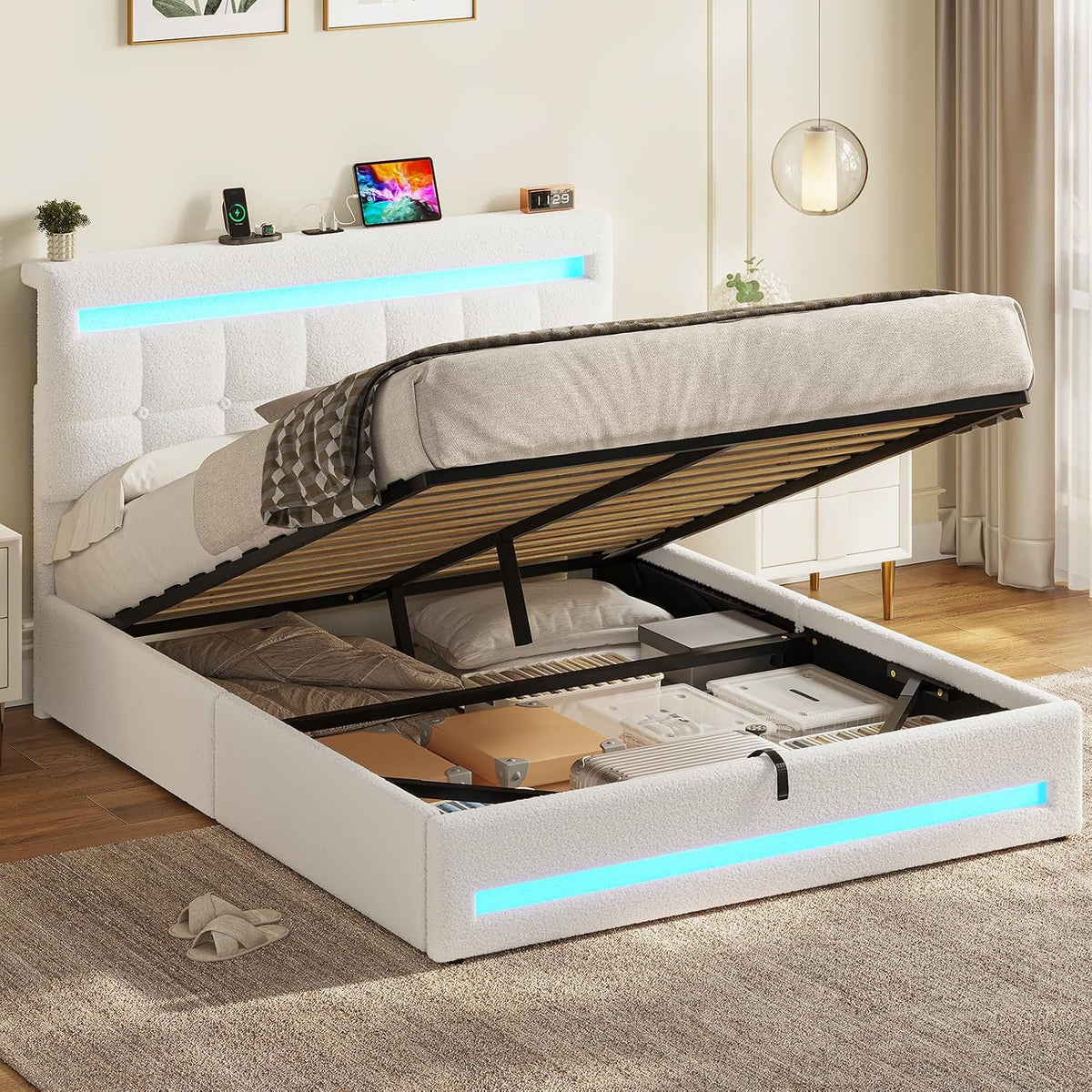 lit, 140 × 190 cm, avec éclairage LED, réglable, beige, AOGLLATI, Lit Double Rembourré avec Rangement hydraulique, Beige(sans Matela)